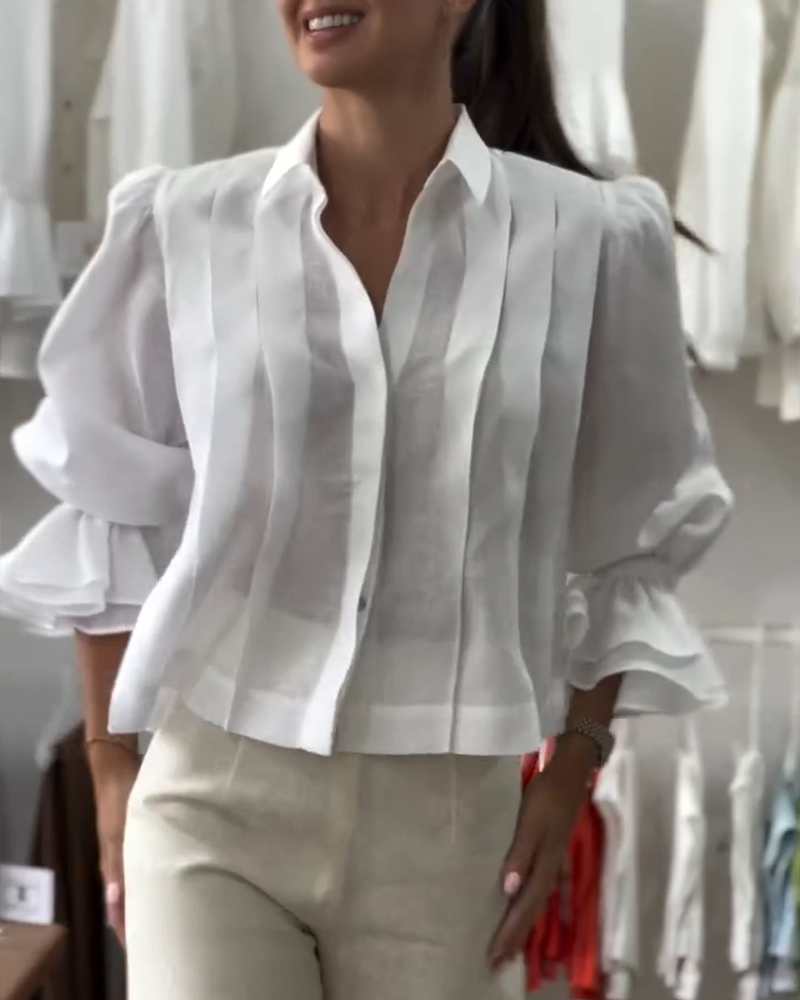 

Blusa solta com gola virada para baixo e manga bufante, top curto casual de linho plissado, White