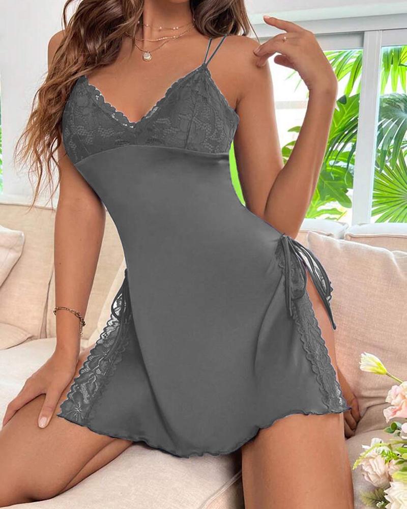 Lace Patch Spaghetti Strap Drawstring Slit Sleep Dress