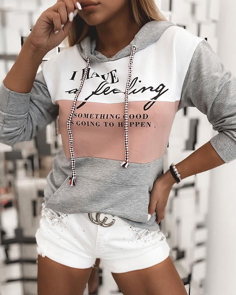 

Colorblock Letter Print Long Sleeve Hooded Top, Gray