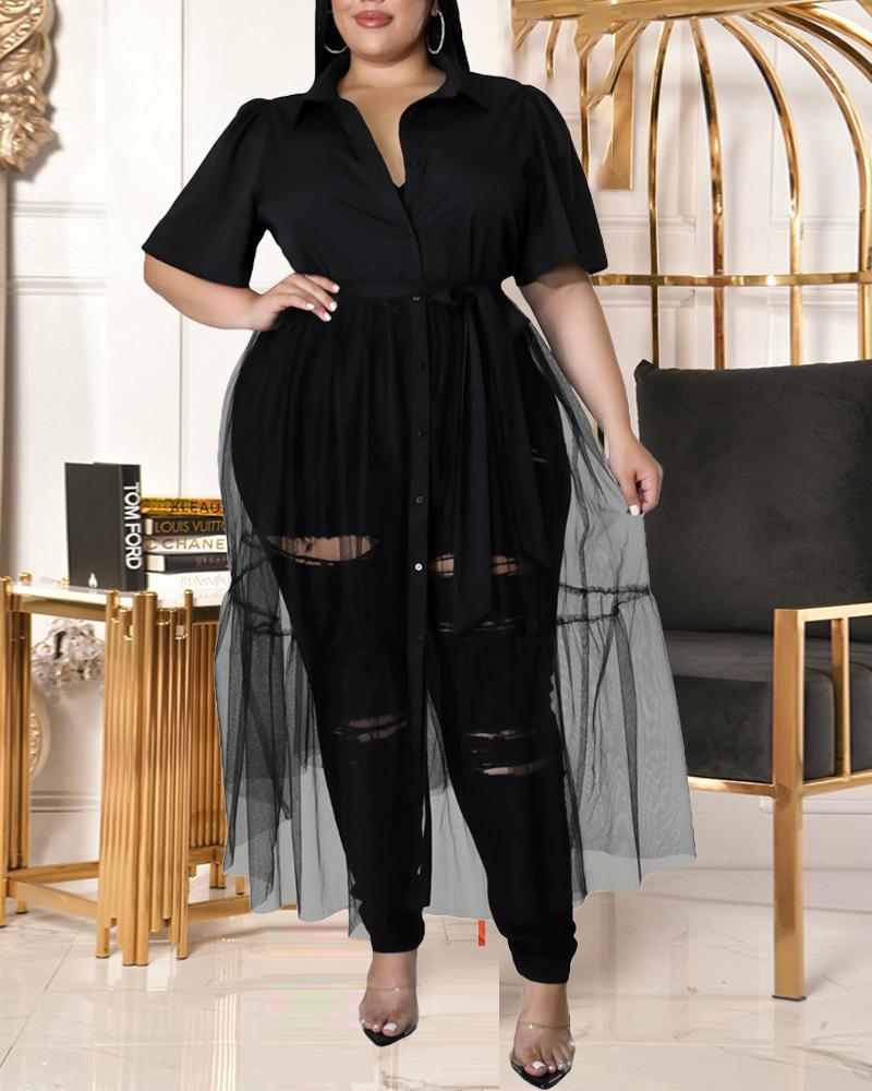 

Plus Size Contrast Mesh Button Front Shirt Dress, Black