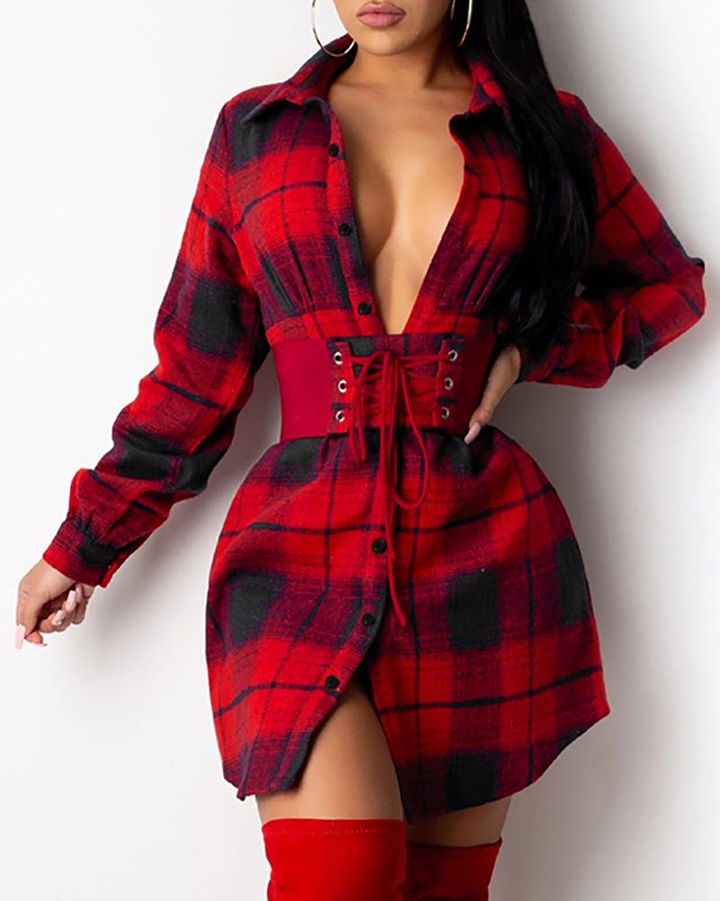 

Plaid Print Button Design Shirt Dress（Without Belt), Red