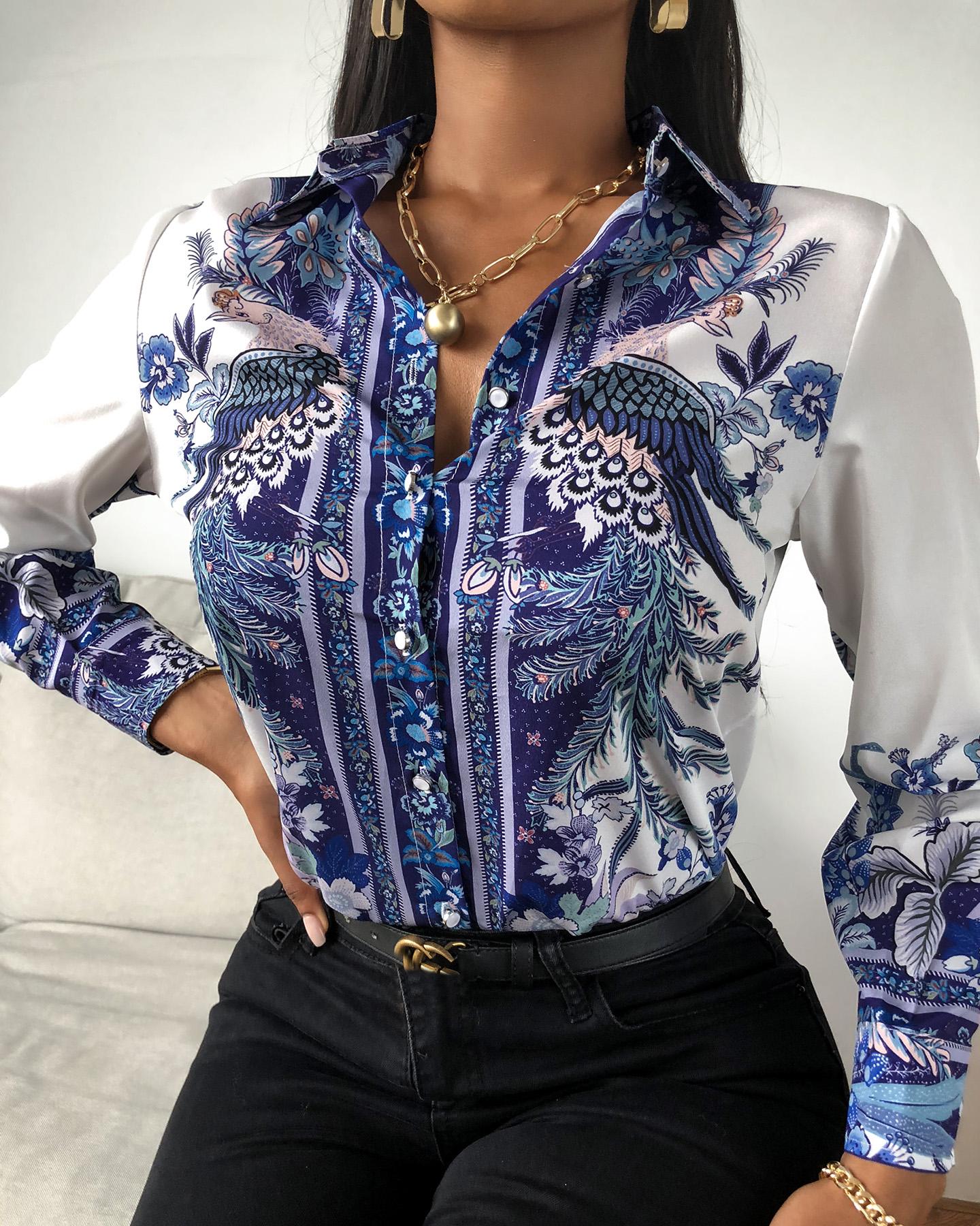 

Phoenix Print Long Sleeve Buttoned Shirt, Blue