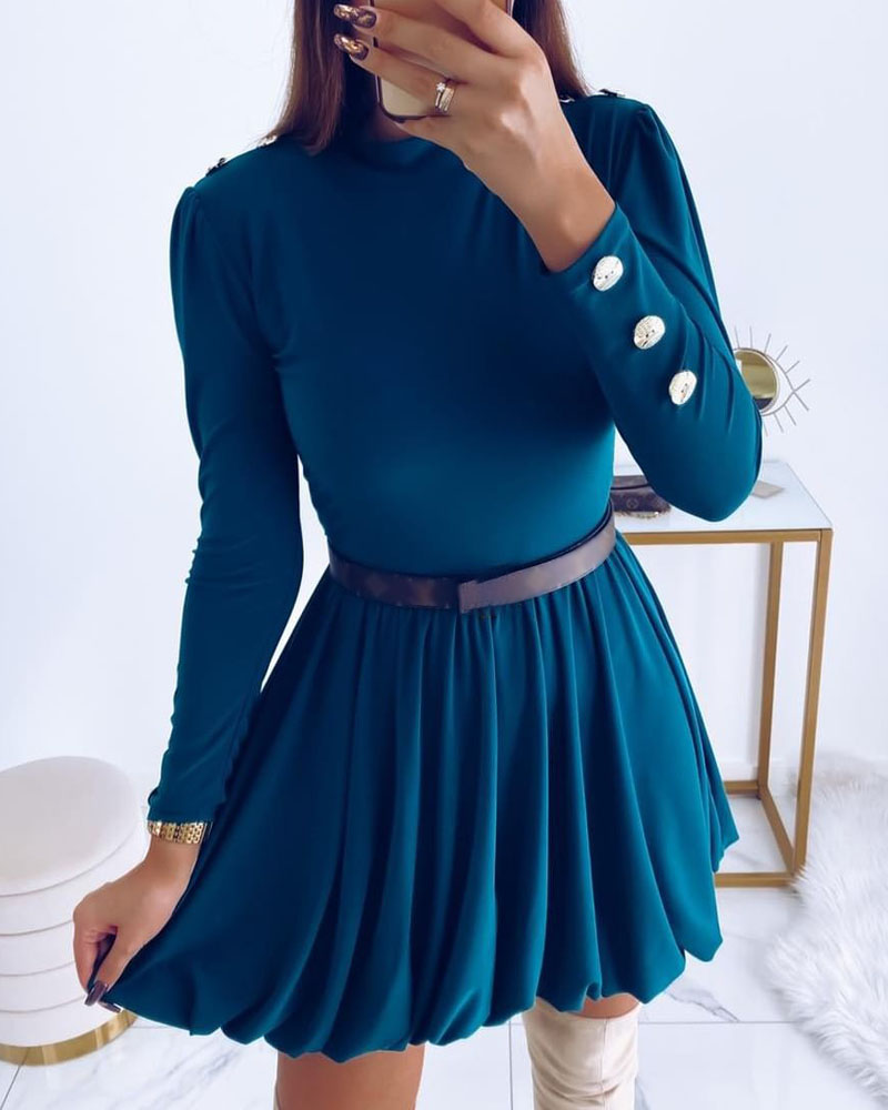 

Button Decor Long Sleeve Work Dress, Blue