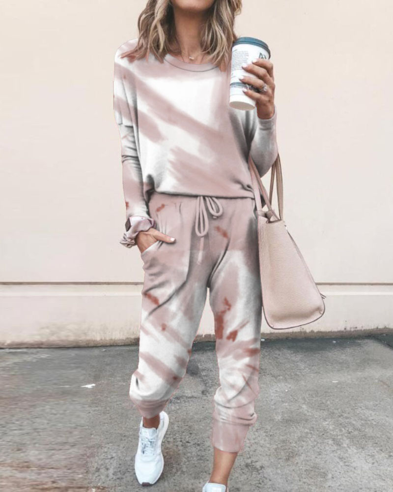 

Tie Dye Print Women Top & Drawstring Pants Set, Coffee