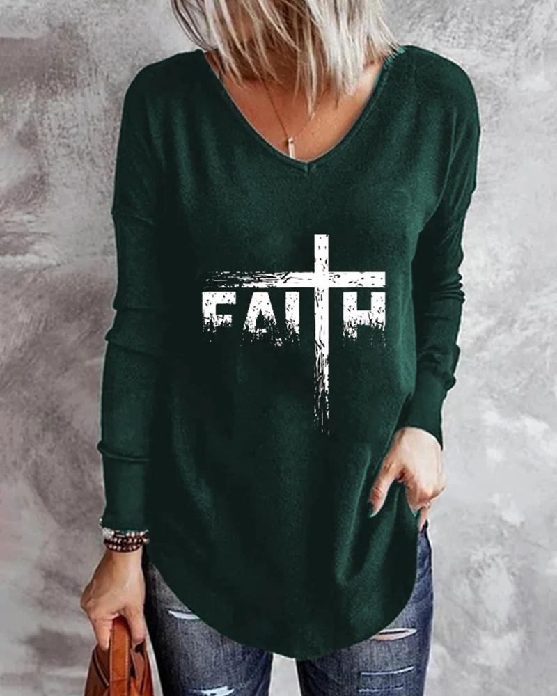 

Letter Print Long Sleeve Top, Green