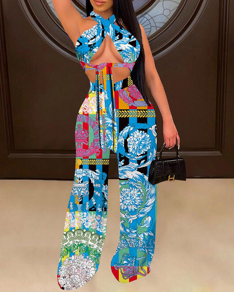 

Halter Colorblock / Cheetah / Butterfly Print Crop Top & Pants Set, Blue