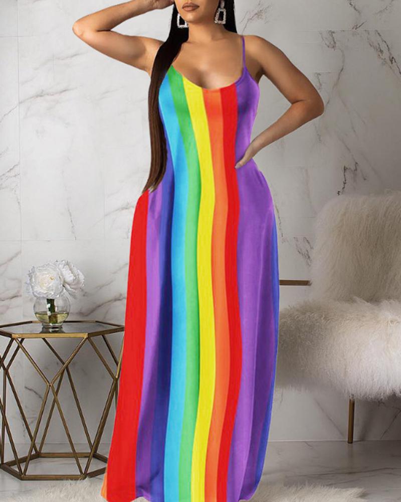 

Rainbow Stripe Print Sleeveless Maxi Dress, Multicolor