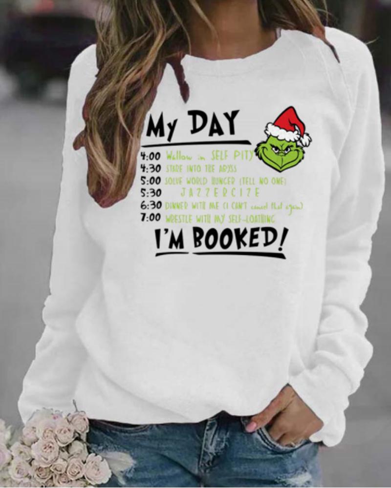 

Christmas Grinch Letter Print Long Sleeve Top, White