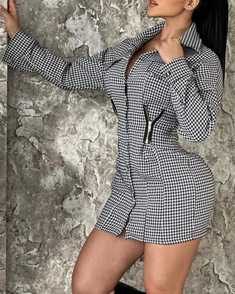 

Houndstooth Print Zipper Pocket Design Shirt Dress, Gray