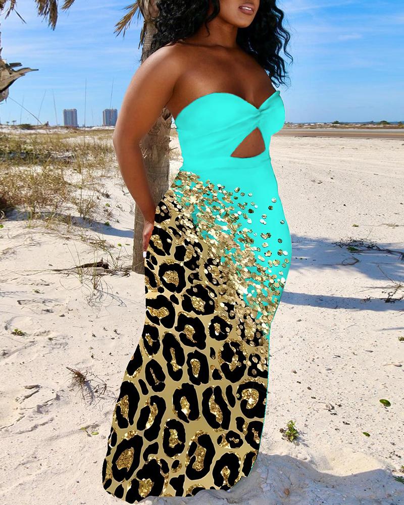 

Plus Size Contrast Leopard Print Bandeau Twisted Maxi Dress, Turquoise blue