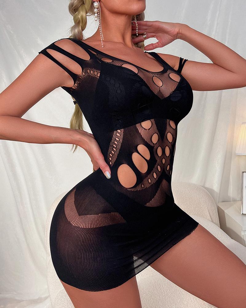 

Cold Shoulder Hollow-Out Stocking Babydoll, Black