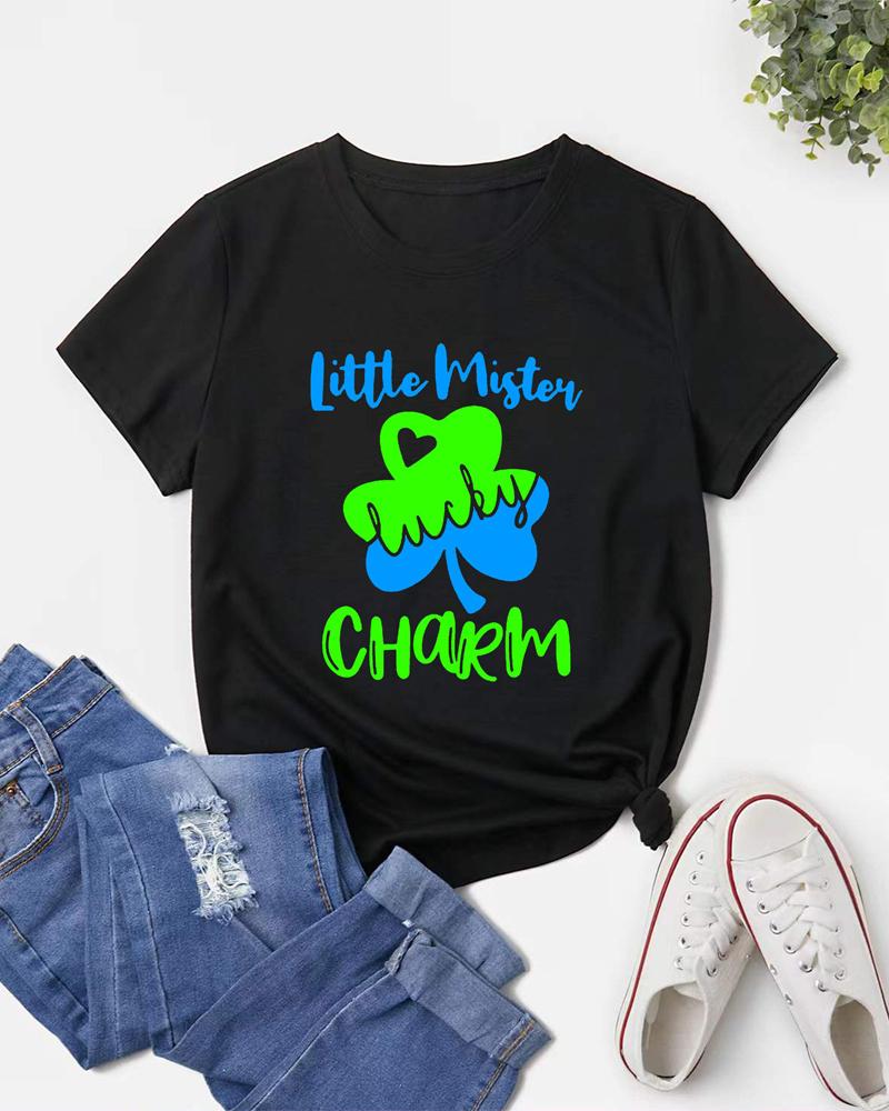 

St. Patrick' Day Letter Clover Print Casual T-shirt, Black