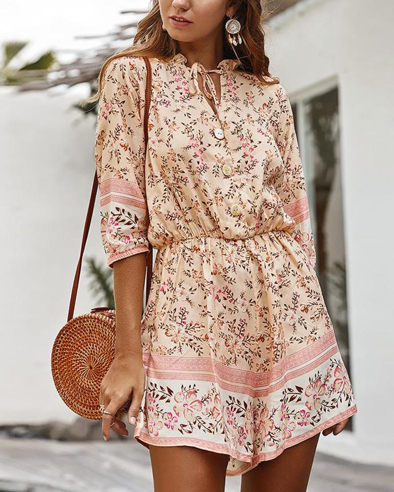 

Tie-Up Button Front Boho Romper, Pink