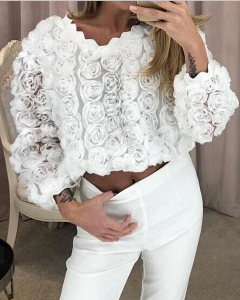 

Round Neck Fringe Scalloped Mesh Women Top, White