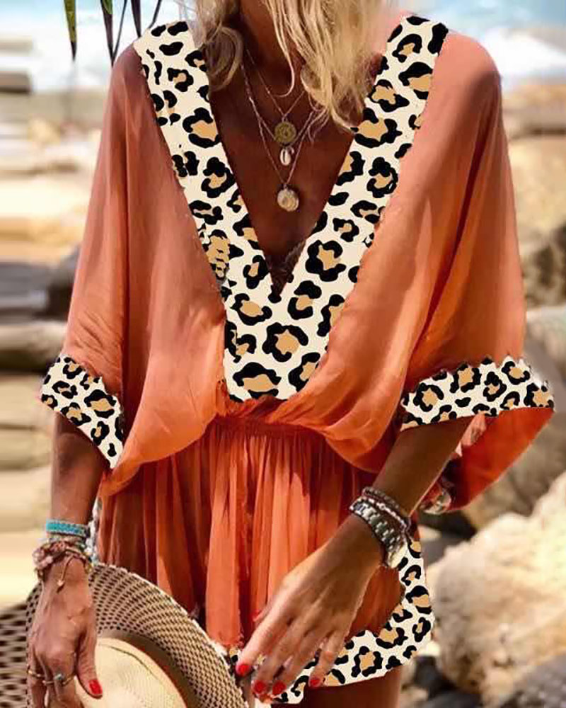 

Ruched Cheetah Print Colorblock Casual Dress, Orange