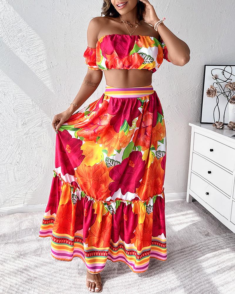 

Floral Print Off Shoulder Lantern Sleeve Top & Skirt Set, Multicolor