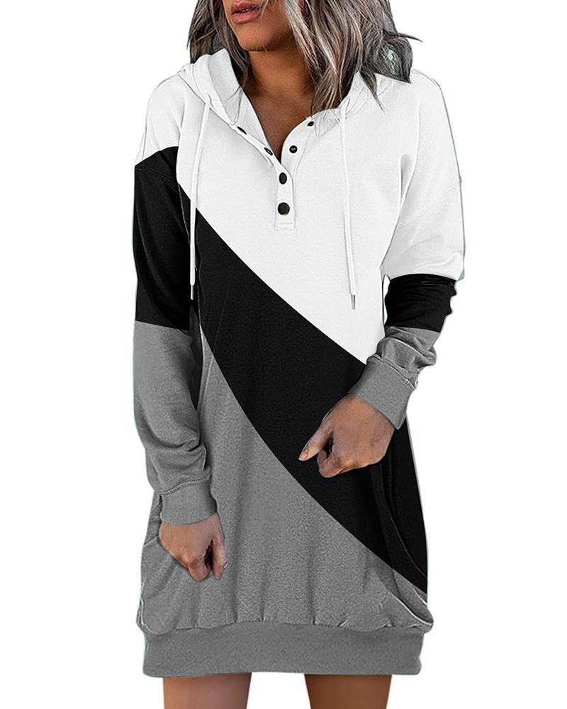 

Buttoned Colorblock Long Sleeve Hoodie, Black