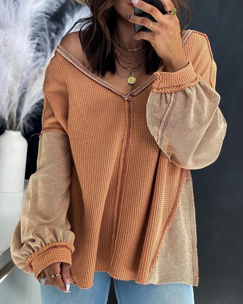 

Waffle Knit Colorblock Long Sleeve Casual Top, Brown