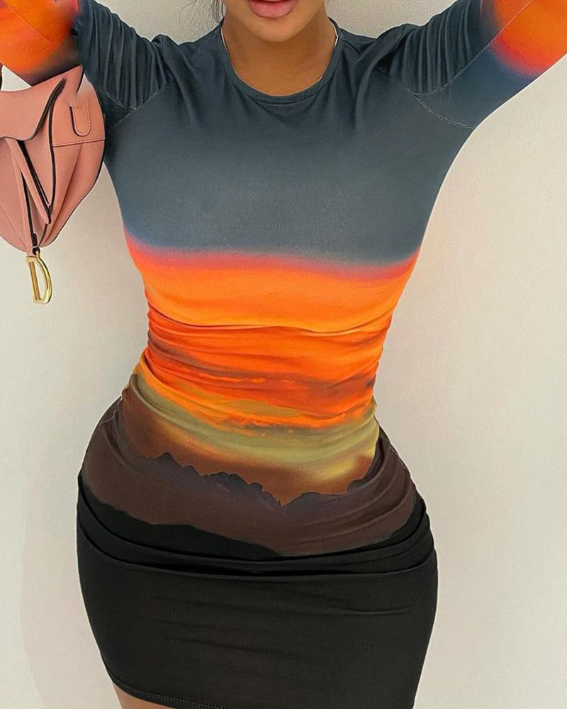 

Graphic Print Colorblock Long Sleeve Bodycon Dress, Orange