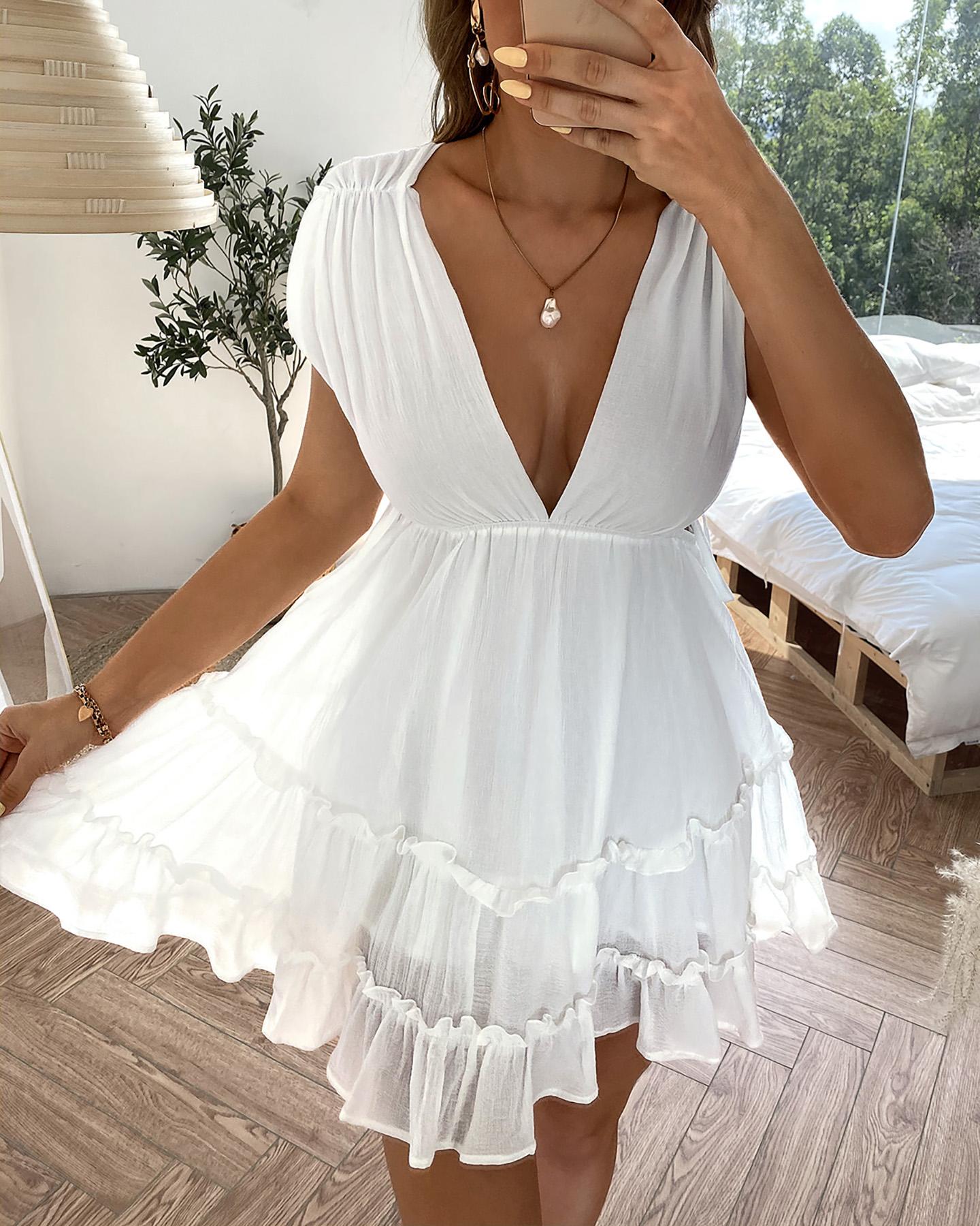 

Plunge Lace-up Frill Hem Deep V-neck Dress, White