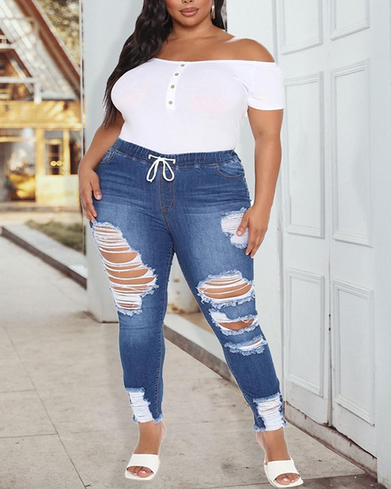 

Drawstring Ladder Cutout Skinny Ripped Jeans, Blue