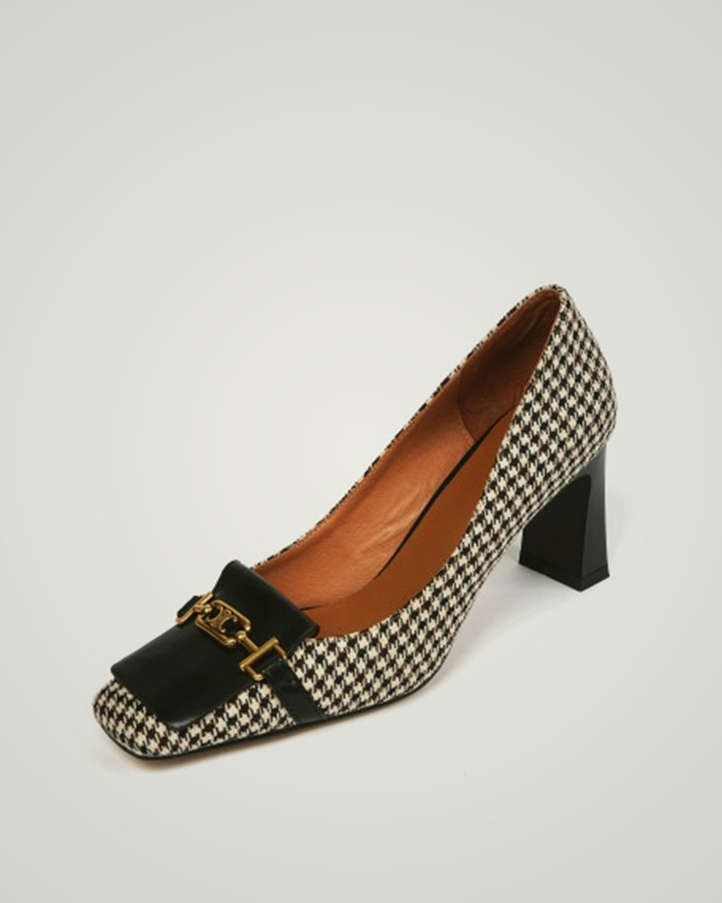 

Houndstooth Print Mtallic Buckle Block Heels, Black