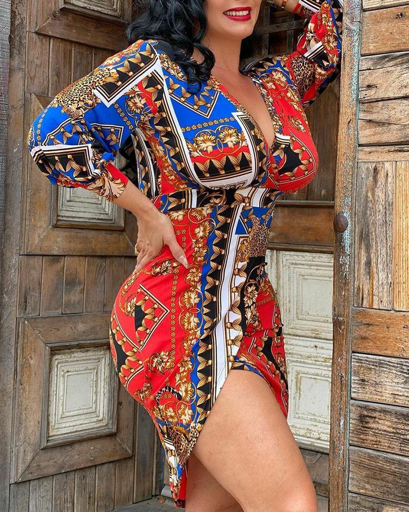 

All Over Print V-Neck Slit Asymmetrical Dress, Multicolor