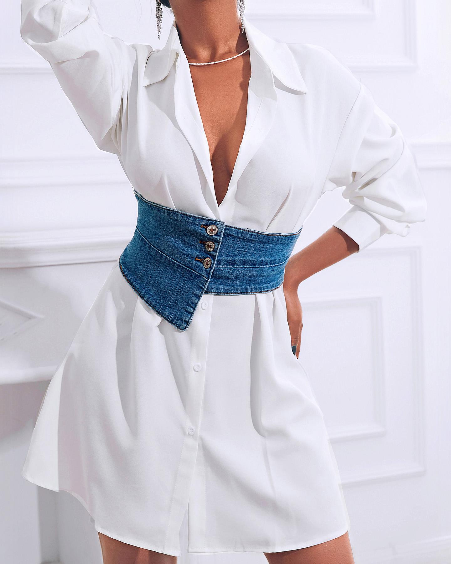 

1PCS PU Button Design Denim Wide Corset Belt, Sapphire blue