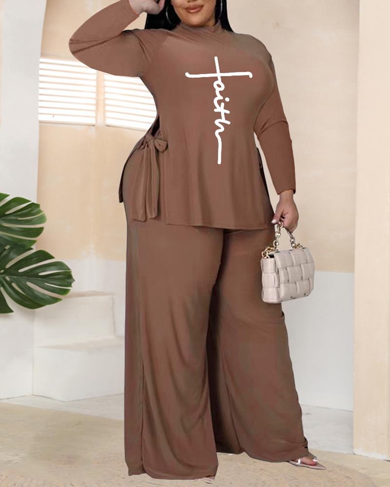 

Plus Size Faith Print Tied Detail Top & Pants Set, Coffee