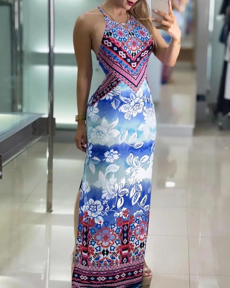 

Halter Floral Tribal Print Sleeveless Maxi Slit Dress, Multicolor