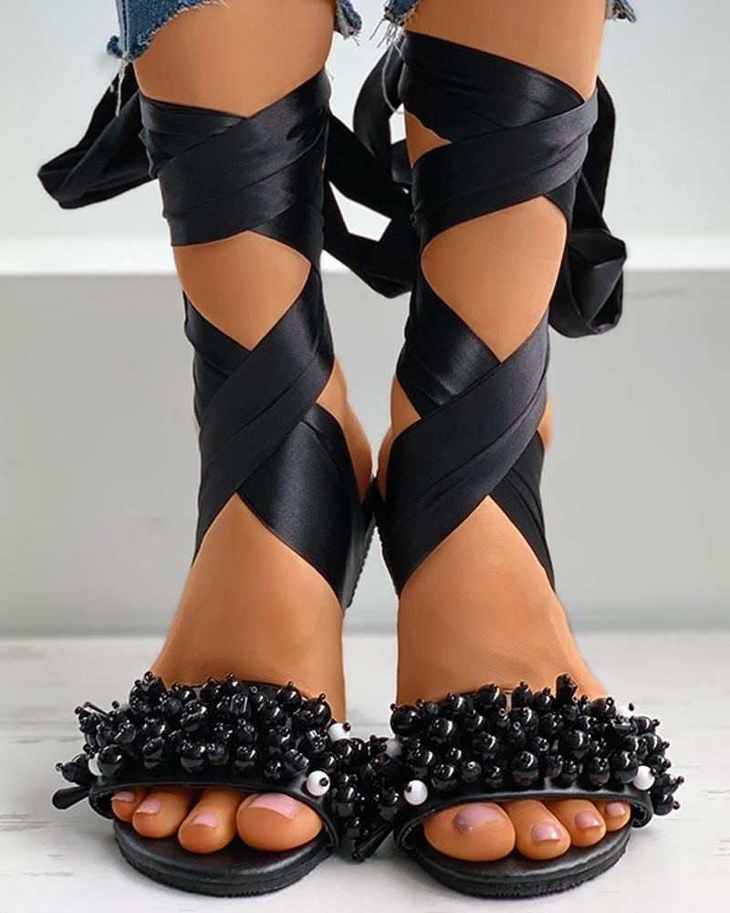 

Beaded Ribbon Peep Toe Flat Sandals, Black