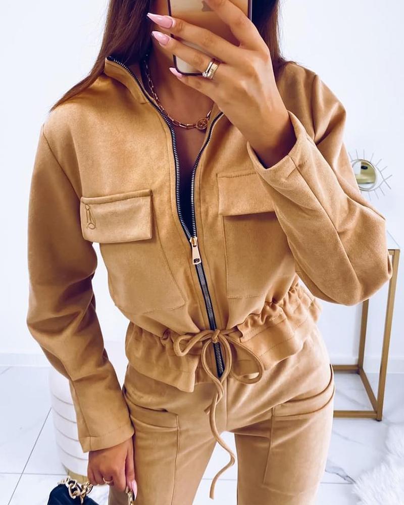 

Drawstring Waist Zipper Up Pocket Coat, Brown