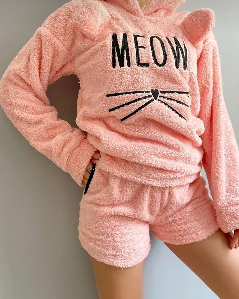 

3D Ear Letter Embroidery Fluffy Hooded Pajamas Sets, Pink