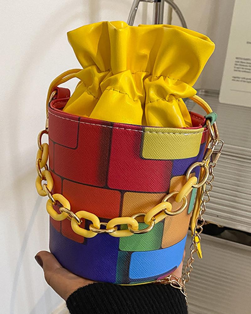 

Geometric Colorblock Drawstring Bucket Bag, Yellow
