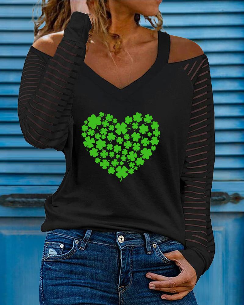 

St. Patrick' Day Lucky Shamrock Heart Print Cold Shoulder Top, Black