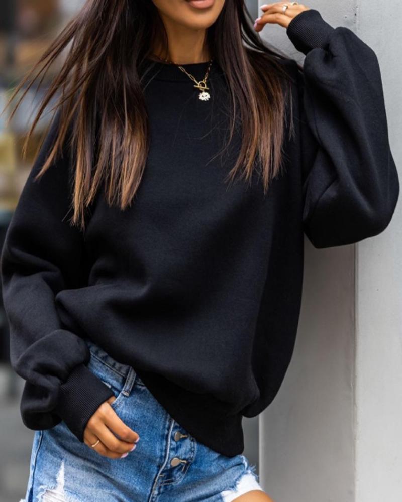 

O Neck Lantern Sleeve Casual Hooded Top, Black