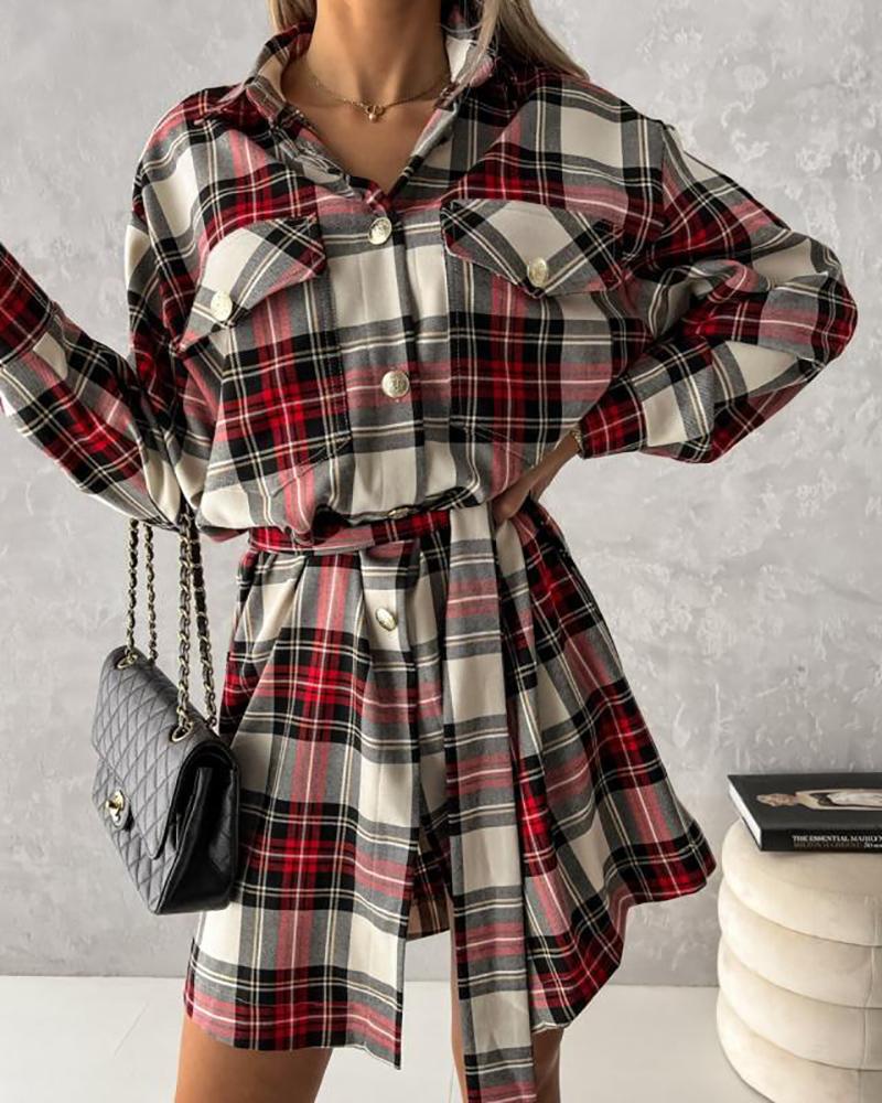 

Plaid Print Pocket Button Design Shirt Dress With Belt, Red