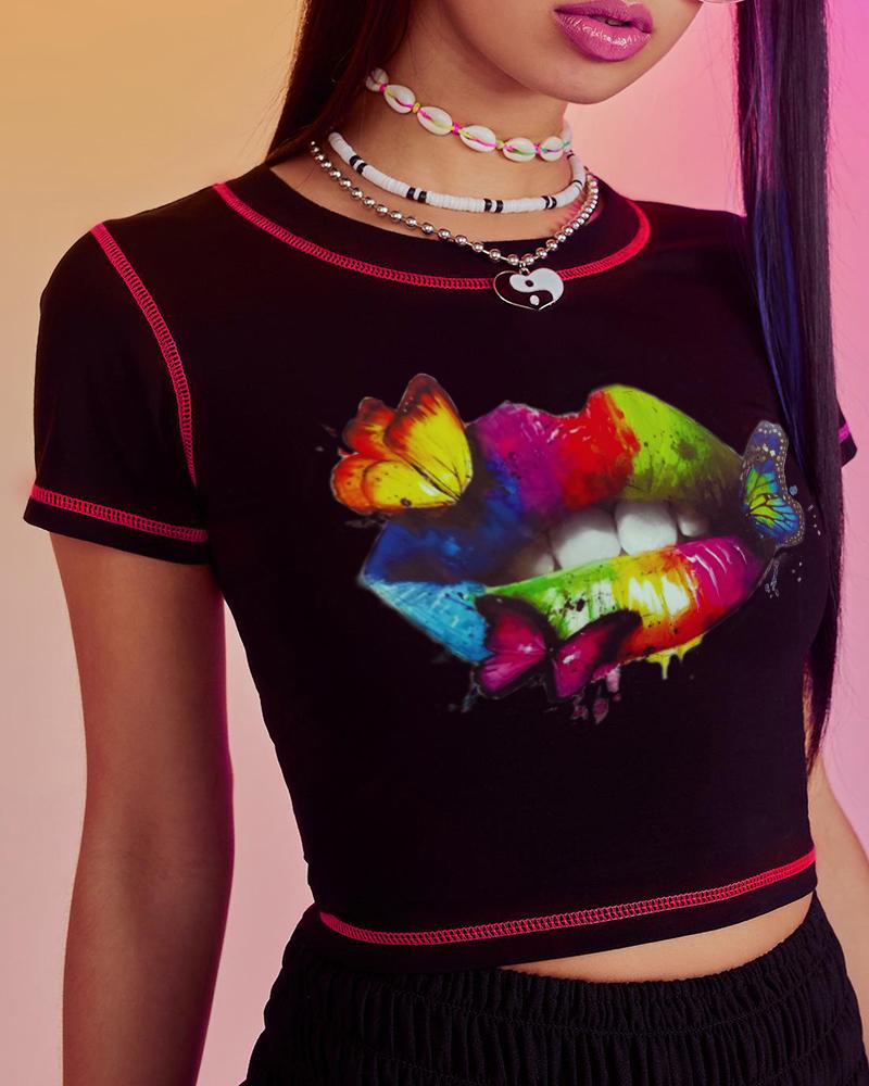 

Butterfly Lip Print Short Sleeve Crop T-shirt, Black