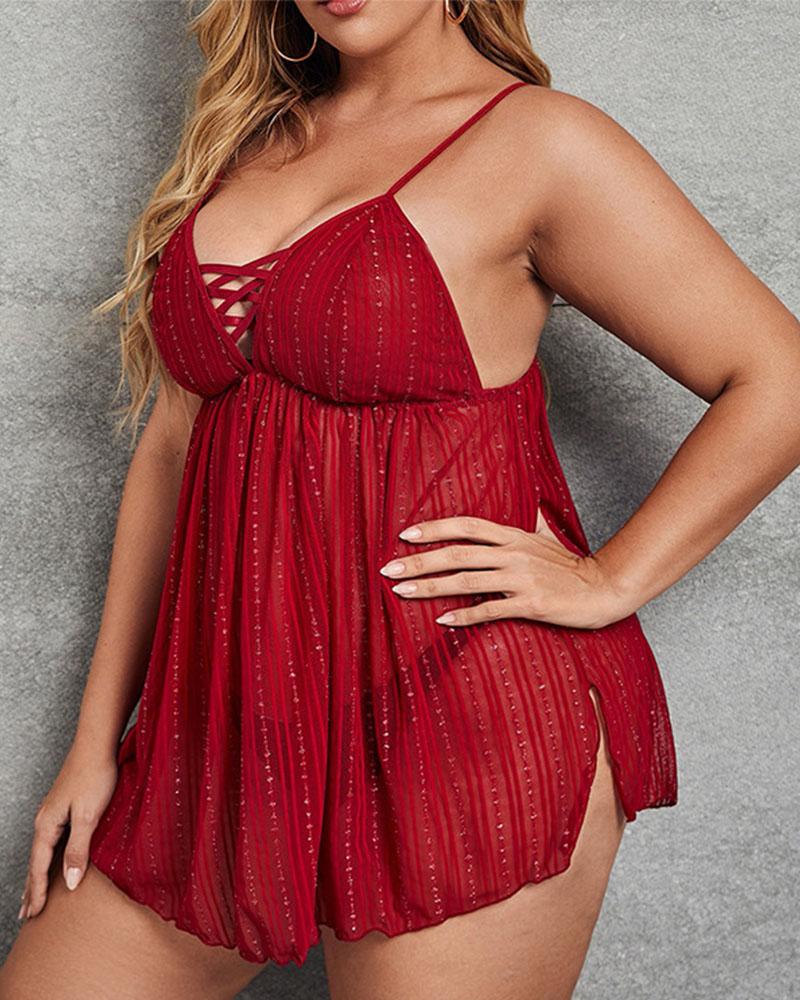 

Plus Size Split Hem Sheer Mesh Babydoll With Thong, Wine red