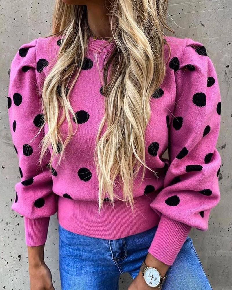 

Polkadot Print Lantern Sleeve Sweater, Hot pink