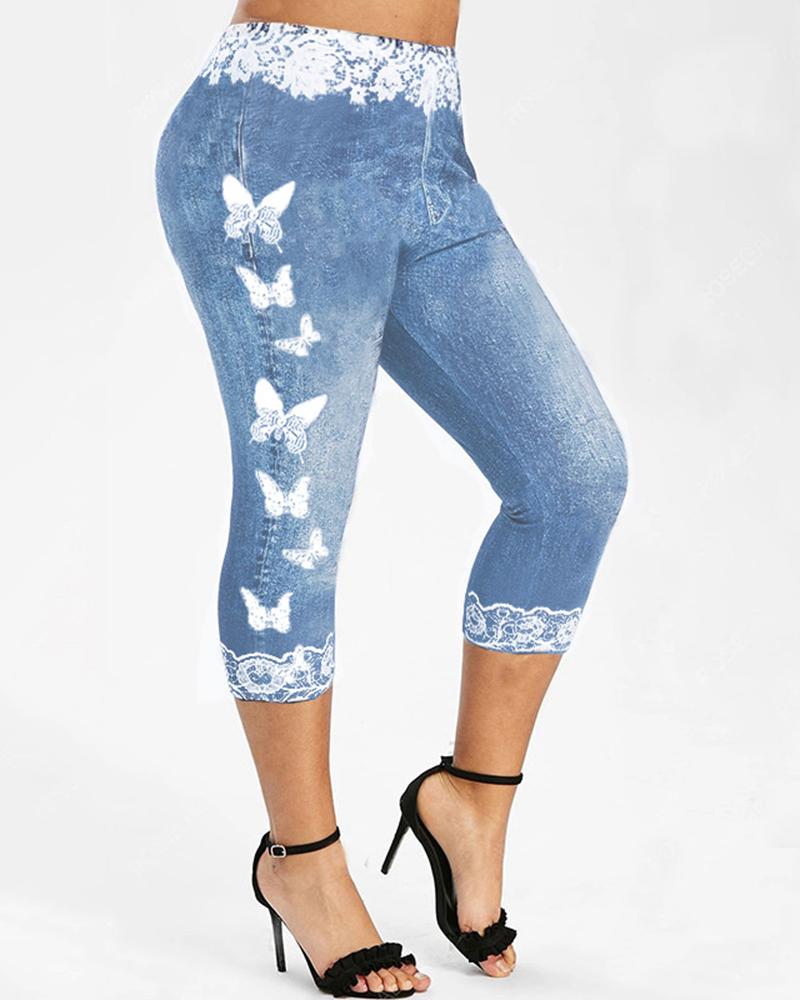 

Denim Look Butterfly Print High Waist Capris Leggings, Blue