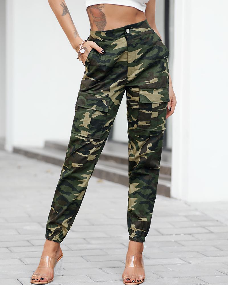 

Camouflage Print Button Pocket Design Cargo Pants, Army green