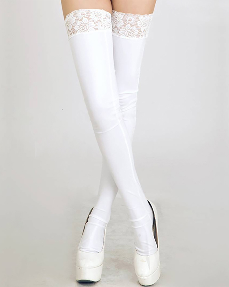 

Lace Trim Thigh Length Stokings, White