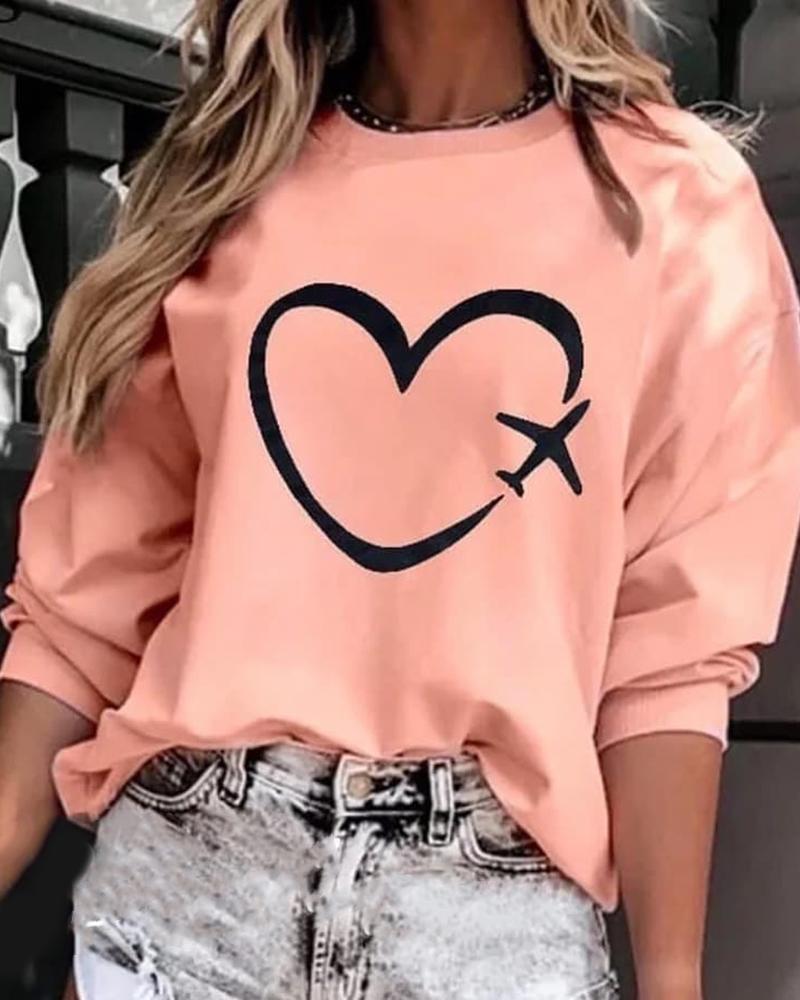 

Heart Print Casual Sweatshirt, Pink