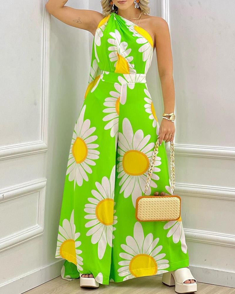 

Daisy Print Halter Backless Wide Leg Jumpsuit, Green
