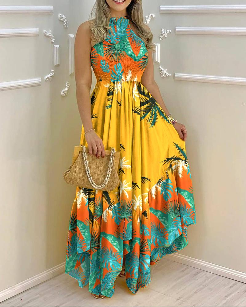 

Tropical Vacation Style Print Sleeveless Ruched Maxi Dress, Yellow