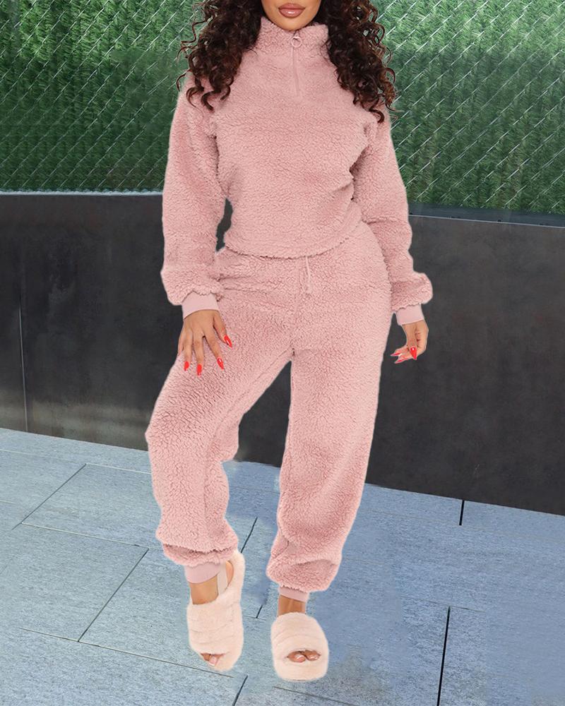 

Long Sleeve Zip Detail Fluffy Top & Pants Set, Pink