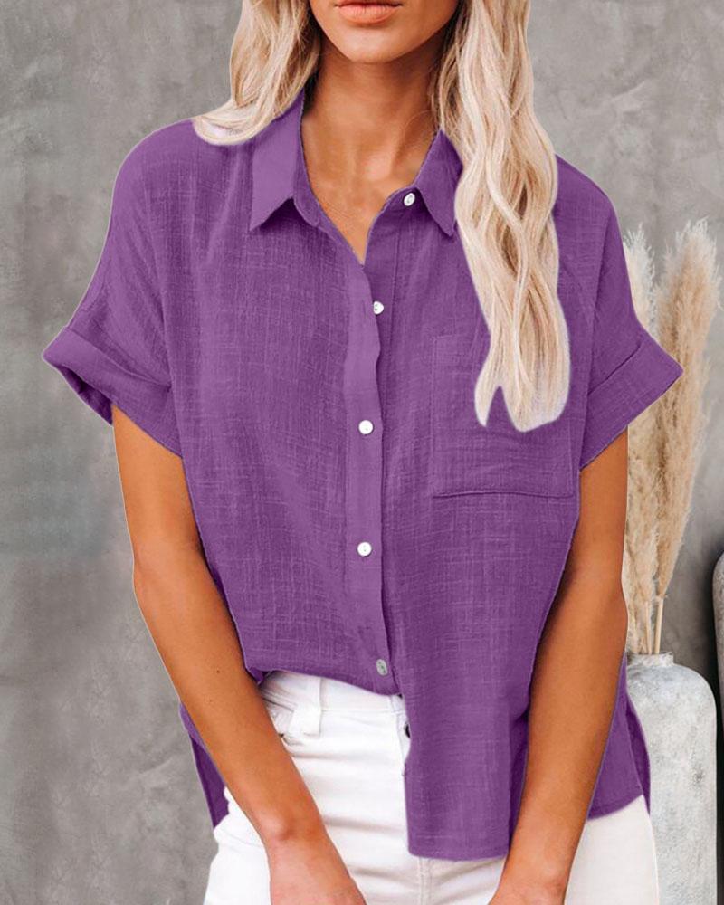 

Short Sleeve Button Down Shirt, Purple