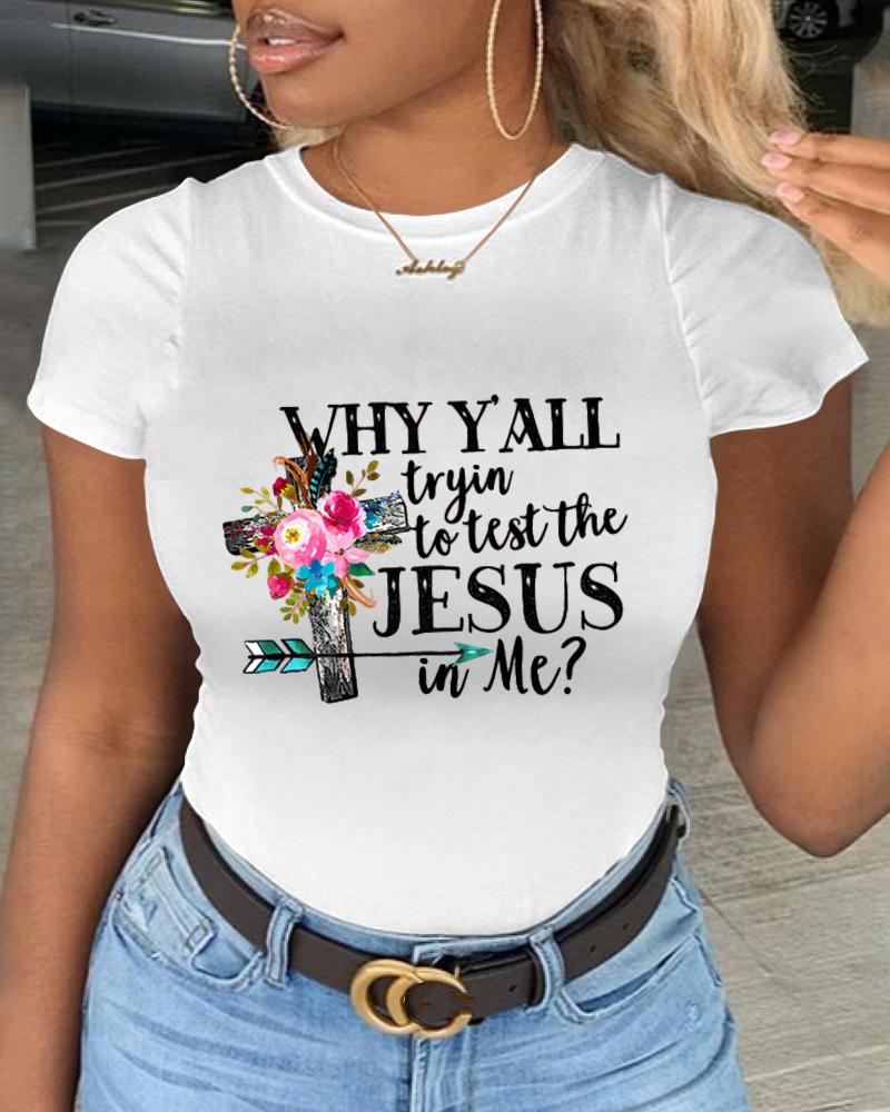 

Plus Size Floral Cross Graphic Slogan Print Casual T-shirt, White