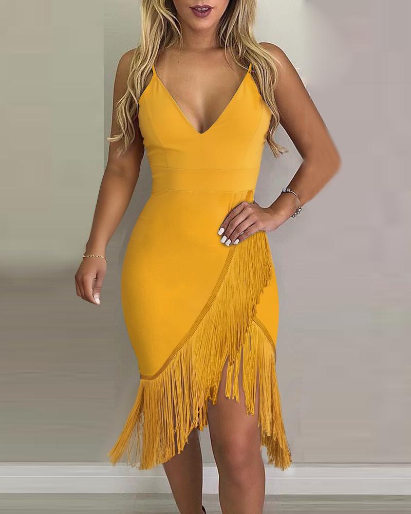 

Tassel Design Deep V-Neck Cami Bodycon Dress, Yellow